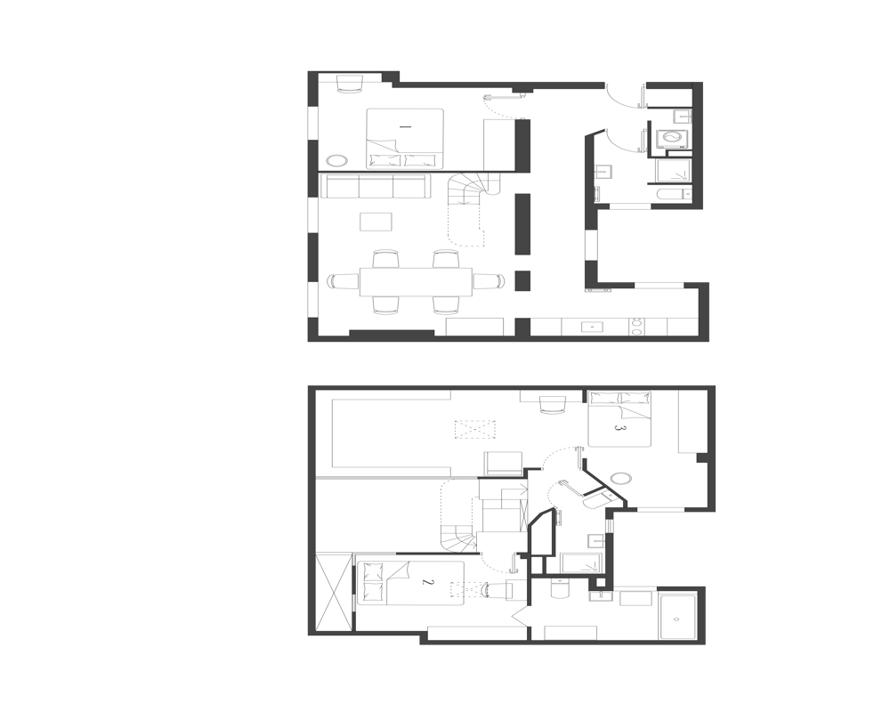 Plan architectural sur fond noir montrant deux niveaux empilés d'un appartement avec aménagement des pièces, symboles de mobilier et cheminements.