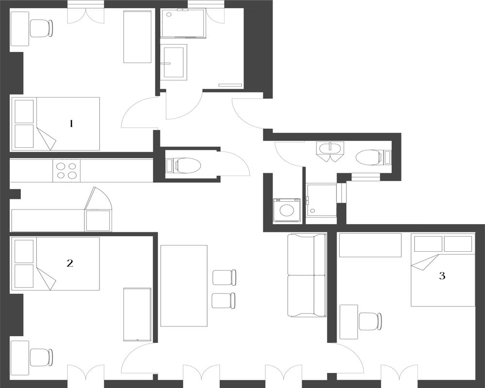 This image is an architectural floor plan showing multiple rooms and fixtures rather than a photograph of a single room. It illustrates layout, walls, beds, kitchen and bathrooms from above.