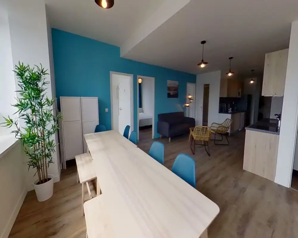 Spacious open-plan living area with a long dining table, teal accent wall, comfortable sofa and a small kitchenette—bright, modern and well-styled for shared living.