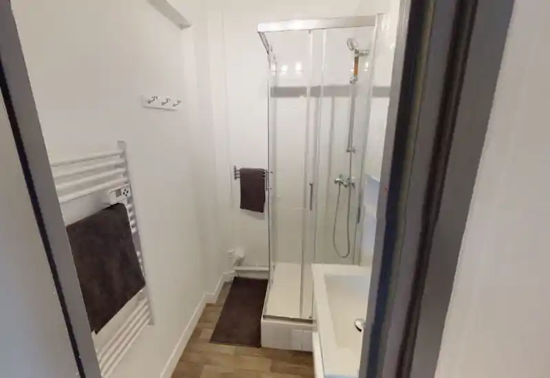 Compact, modern bathroom featuring a glass shower enclosure, wall-mounted towel radiator, and a white sink. Clean neutral tones and wood-effect flooring give a neat, contemporary look.