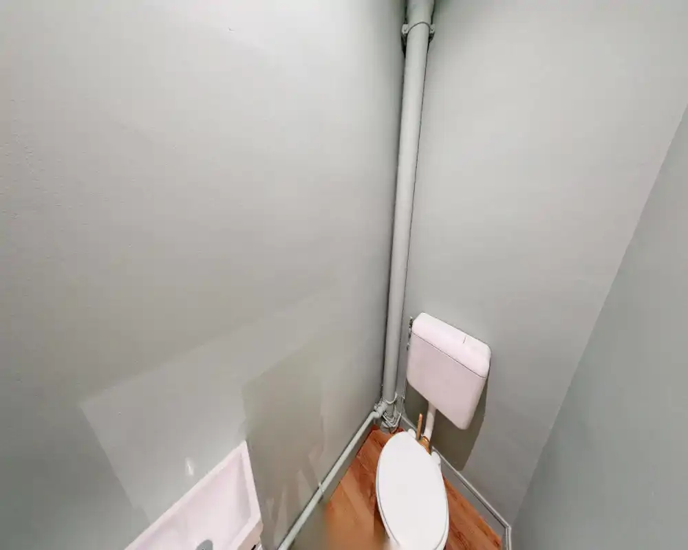 Petite salle de bain en coin avec chasse d'eau murale et cuvette sur sol imitation bois ; propre, simple et bien éclairée.