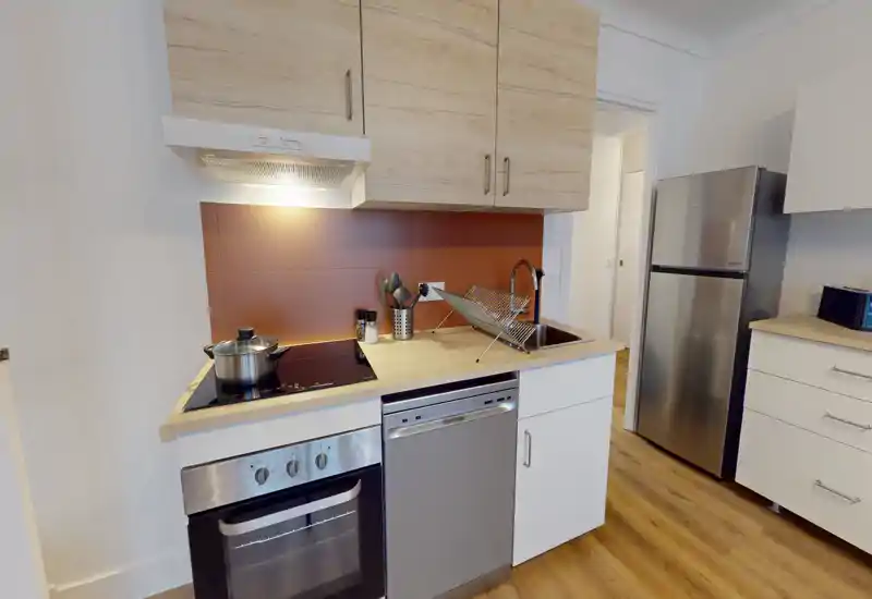 Compact modern kitchen with wood-toned cabinets, stainless-steel appliances and a warm terracotta backsplash. Well-lit countertop area with induction hob, oven and integrated dishwasher ideal for a short-stay rental.