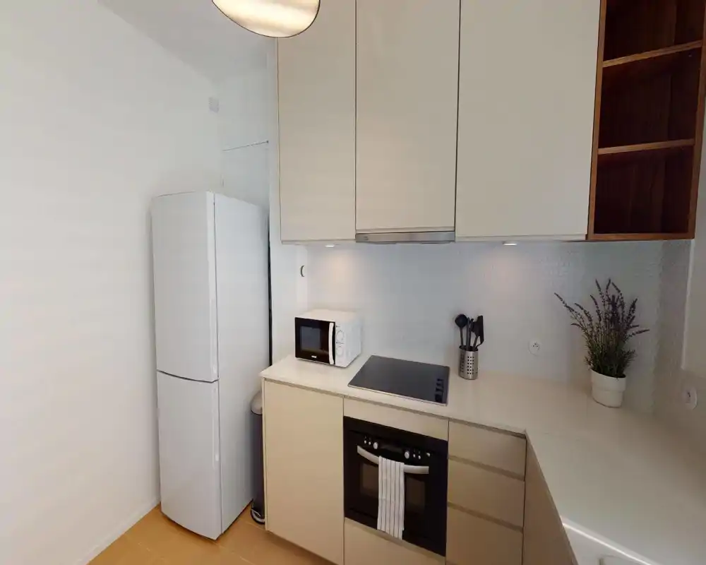 Compact modern kitchen with integrated oven, electric cooktop, microwave and tall refrigerator. Light cabinetry and under-cabinet lighting create a clean, airy feel ideal for small apartments.