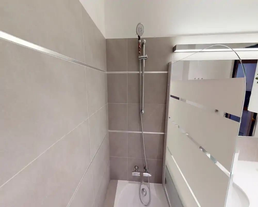 Modern bathroom shower area with wall-mounted handheld shower, tiled walls and a frosted glass shower screen; bright, clean and minimal.