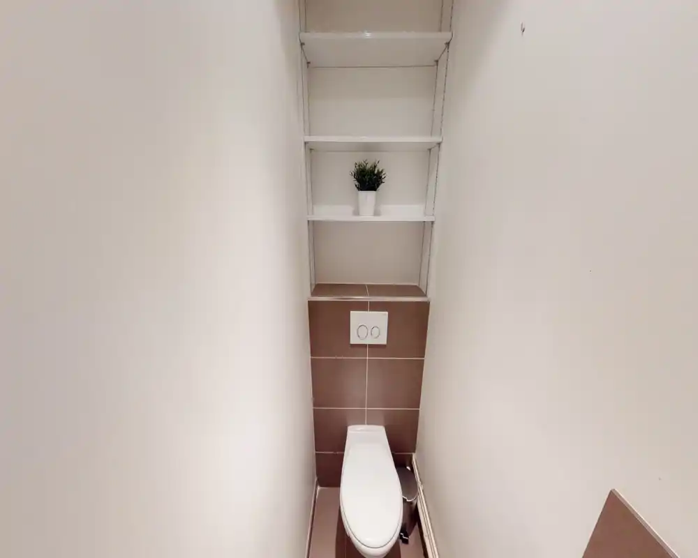 Compact, well-lit toilet with wall-mounted flush plate, tiled back wall and shelving above for storage or decoration.