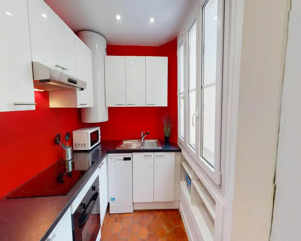 Compact modern kitchen with white cabinets, black countertop and a vibrant red backsplash; includes an induction cooktop, oven, sink and dishwasher, with good natural light from large windows.