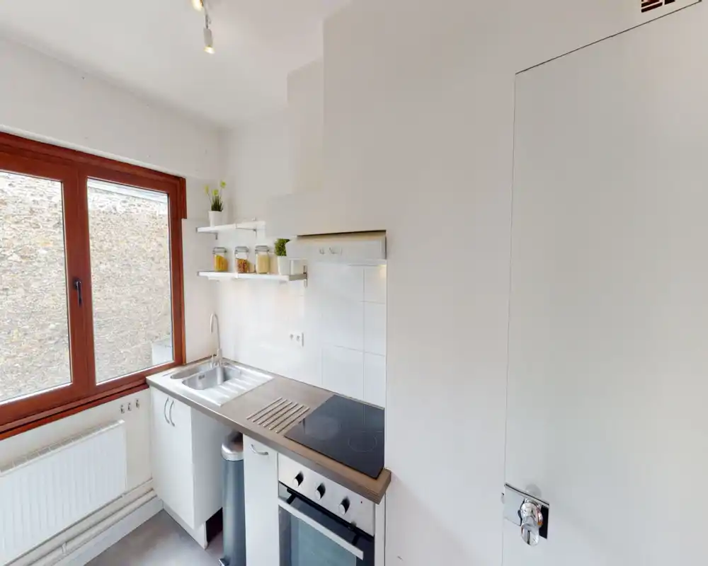 Compact, modern kitchenette with electric hob, built-in oven, stainless sink and a large window providing natural light. Open shelves with jars and a small plant add a neat, functional touch.