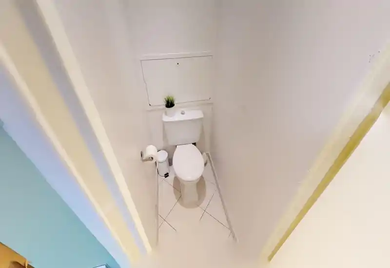 Compact, well-lit toilet with white tiles and a small decorative plant on the cistern; clean and simple half-bath setup ideal for guests.