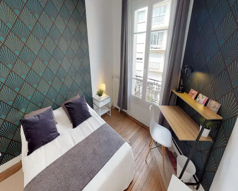 Unable to provide a reliable room description — the image is heavily corrupted with digital artifacts that obscure key furniture and layout.