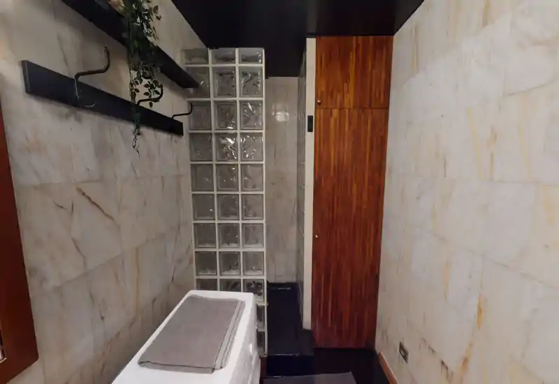 Compact marble-tiled bathroom with a glass-block shower divider, wooden storage door and a washer/towel visible in the foreground. Clean, stylish finishes and a modern, space-saving layout.
