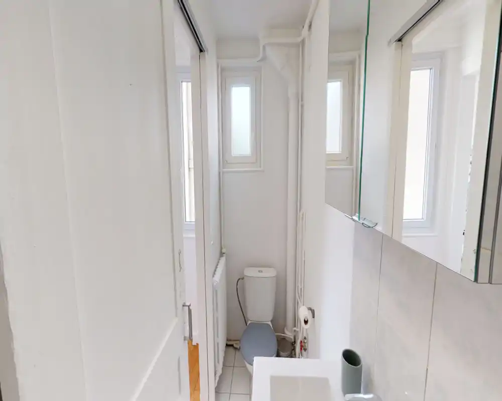 Compact white bathroom with a toilet, small sink, mirrored cabinet and narrow windows providing natural light; simple and functional layout ideal for a small apartment.