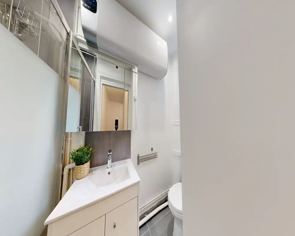 Salle de bain moderne et compacte avec lavabo d'angle, armoire miroir et toilette visible — lumineuse, propre et bien entretenue.