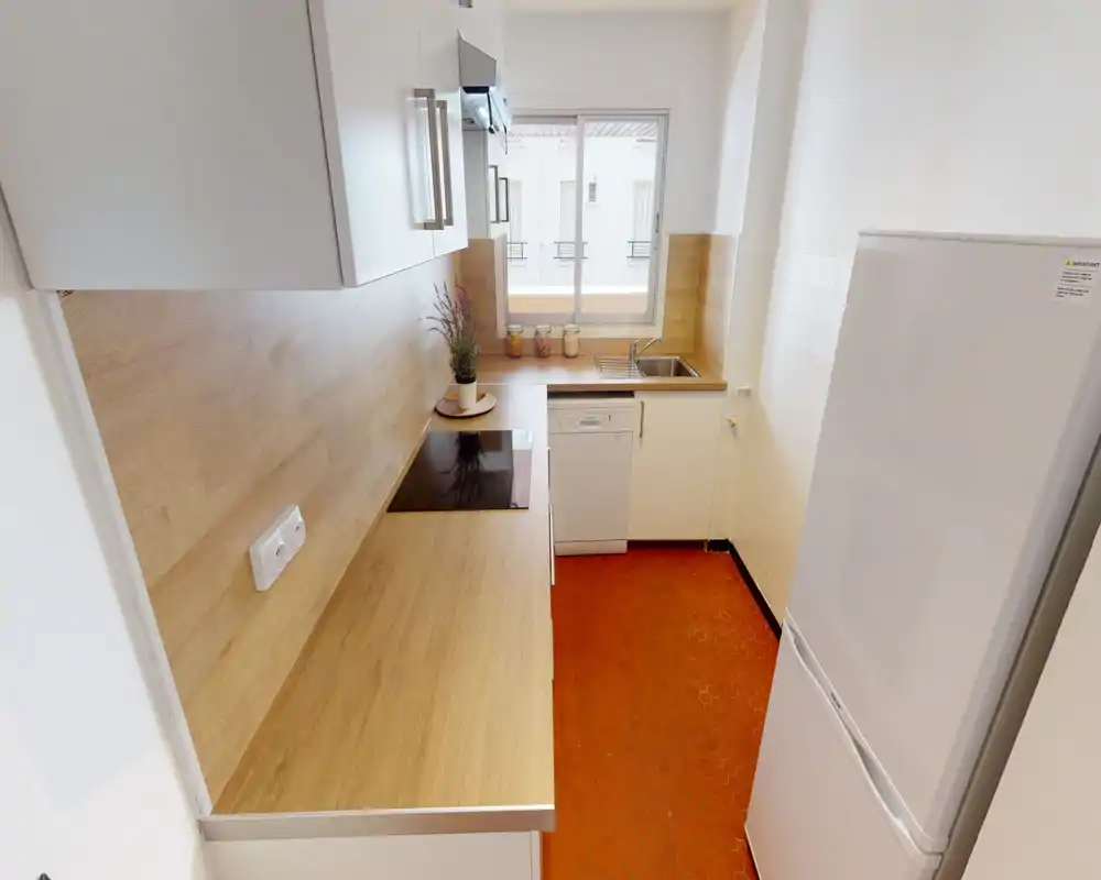 Cuisine compacte et moderne avec plan de travail effet bois, plaque à induction et fenêtre apportant de la lumière naturelle. Agencement propre incluant évier, lave-vaisselle et réfrigérateur haut — idéal pour un appartement en ville.