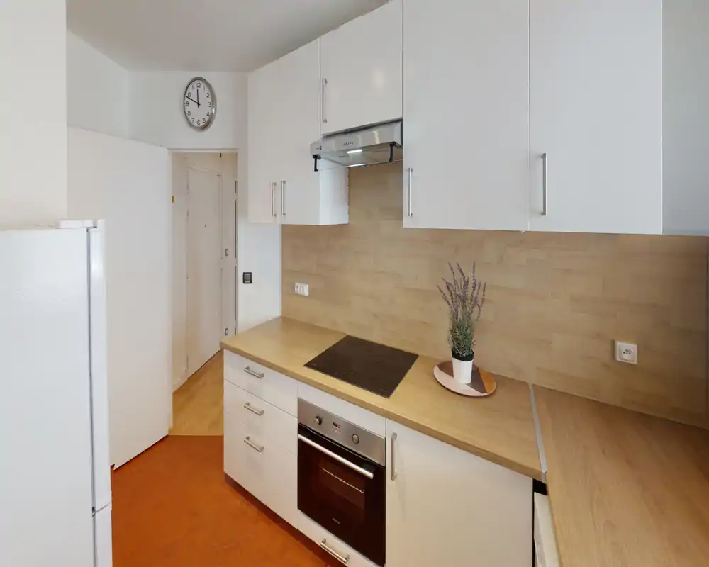 Cuisine compacte et moderne avec des meubles blancs, plans de travail en bois et four encastré avec plaque à induction. Espace lumineux et propre, une petite plante ajoute une touche chaleureuse.