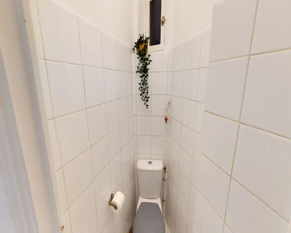 Petite salle de bains carrelée avec WC, petite fenêtre en hauteur et plante suspendue; carrelage blanc propre et équipements simples, idéale comme toilette individuelle.