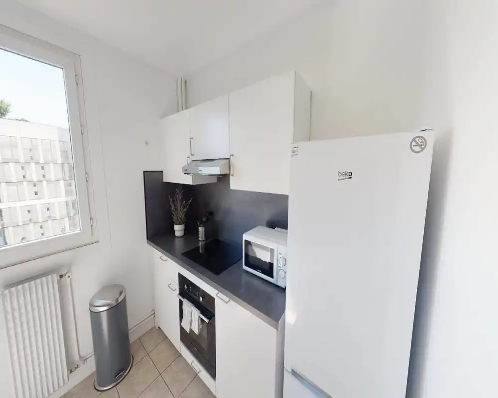 Cuisine moderne et compacte avec placards blancs, plaque à induction, four, micro-ondes et réfrigérateur; lumière naturelle, petite plante décorative pour une ambiance propre et fonctionnelle.