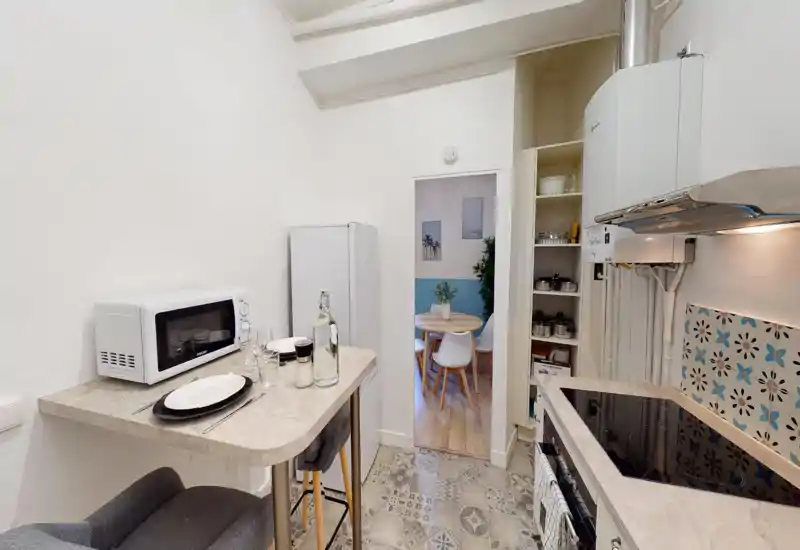 Compact, well-staged kitchen with induction hob, range hood, microwave and a small breakfast counter; decorative patterned tiles and open shelving create a cozy, practical cooking space.