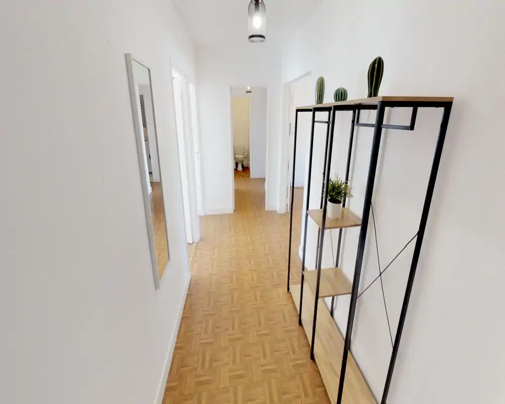 Bright, well-lit hallway/entrance with wooden parquet flooring, a slim mirror on the left wall and an open shelving unit with decorative plants on the right.