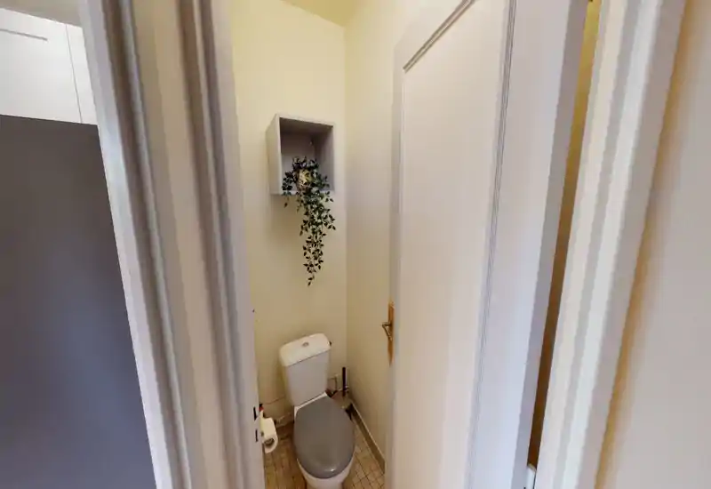 Compact, well-lit toilet room with a wall-mounted shelf and decorative hanging plant above the cistern; patterned floor tiles and a grey toilet seat give a neat, modern look.