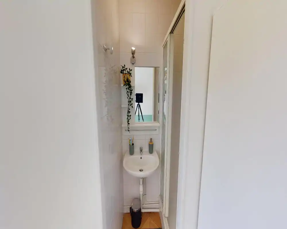 Baño compacto y bien iluminado con un pequeño lavabo, espejo y puerta de ducha. Azulejos blancos limpios, planta colgante y accesorios sencillos que crean un espacio funcional y ordenado.