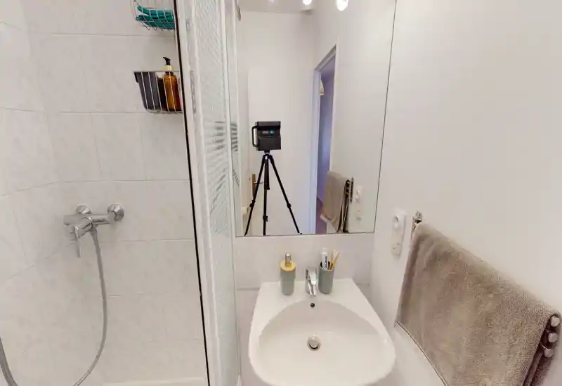 Salle de bain compacte et bien éclairée avec lavabo, miroir et cabine de douche ; carreaux neutres et accessoires rangés pour un espace propre et fonctionnel.