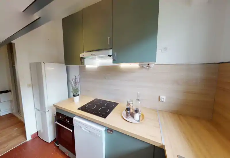 Bright modern kitchen with green cabinets, a glass-ceramic hob, built-in oven and dishwasher, wooden countertops and subtle under-cabinet lighting.