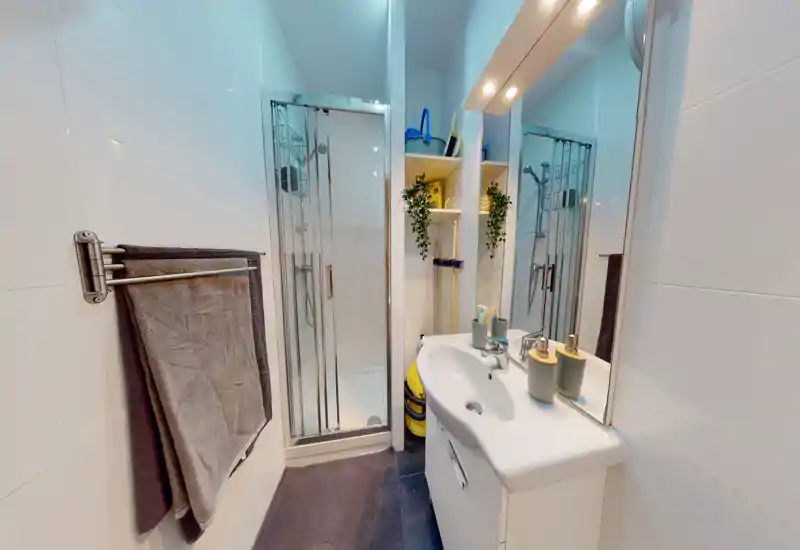 Modern compact bathroom with a glass-enclosed shower, white sink vanity, mirror and neatly arranged accessories—bright and clean.