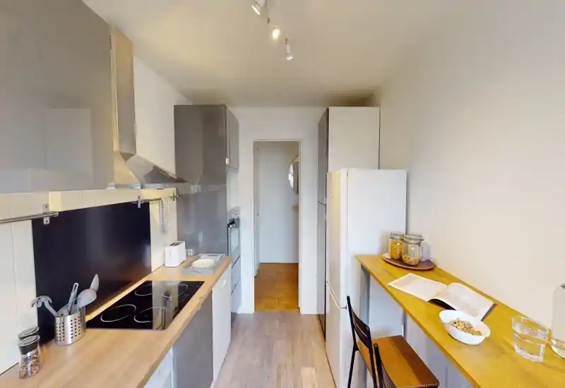 Cuisine moderne et étroite avec plans de travail en bois, plaque à induction, four encastré et un petit bar pour le petit-déjeuner — lumineuse et bien rangée pour un espace urbain compact.