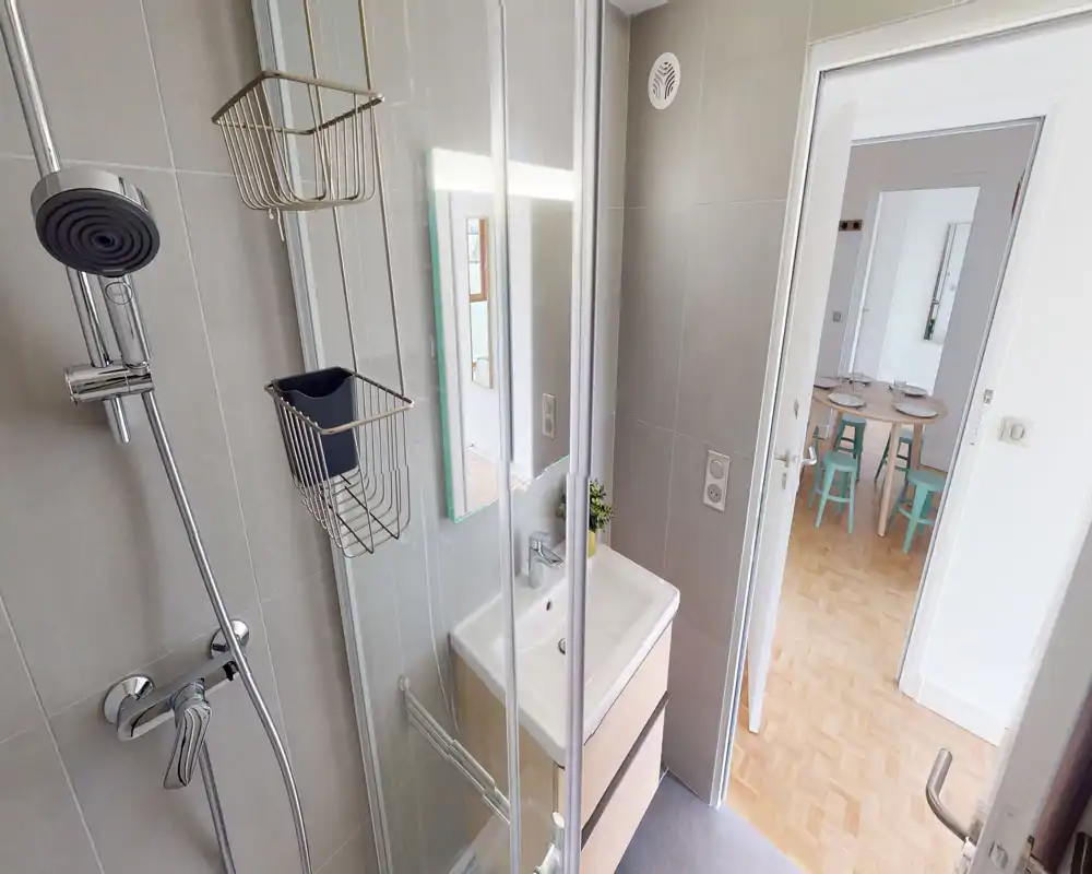 Salle de bains moderne et compacte avec douche, porte coulissante en verre, lavabo mural et miroir. Carrelage gris neutre et robinetterie chromée pour une apparence propre et contemporaine.