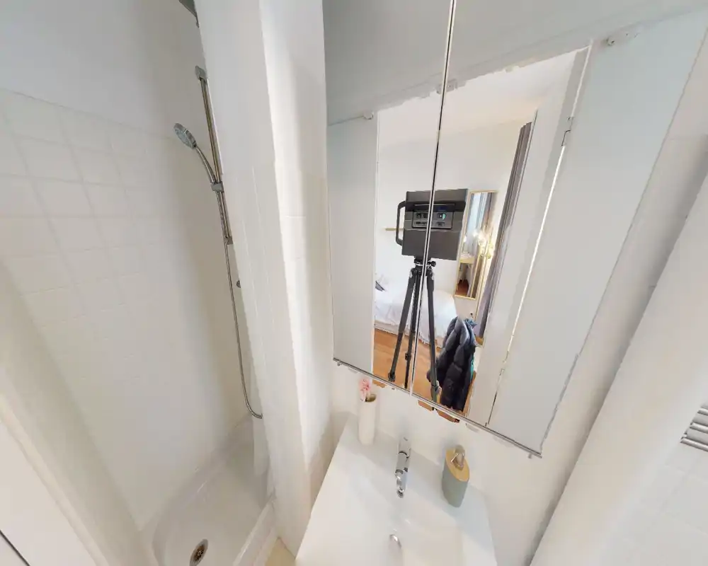 Salle de bains compacte avec douche carrelée, lavabo et armoire miroir ; lumineuse, propre et au style épuré.