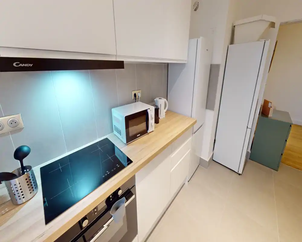Cuisine moderne et compacte avec plaque à induction, four encastré, micro-ondes et grand réfrigérateur; plan de travail en bois clair et meubles blancs pour un espace fonctionnel et épuré.