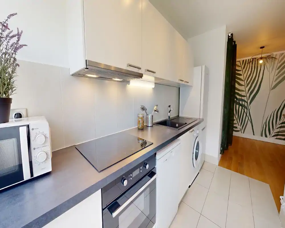 Cuisine moderne et compacte avec plan de travail noir, plaques à induction, four encastré, évier et placards blancs ; décoration soignée avec une petite plante et un bocal pour une touche accueillante.
