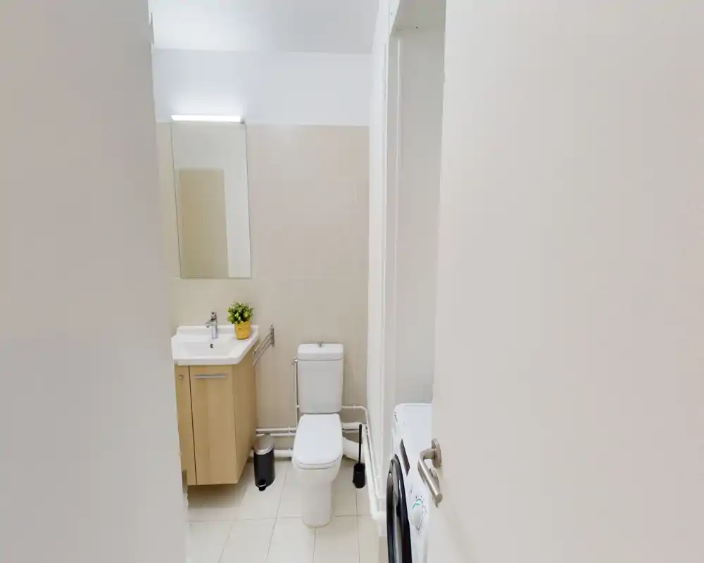 Compact modern bathroom with a toilet, sink with vanity, mirror and good lighting; neutral tiles and a washing machine visible in the doorway.
