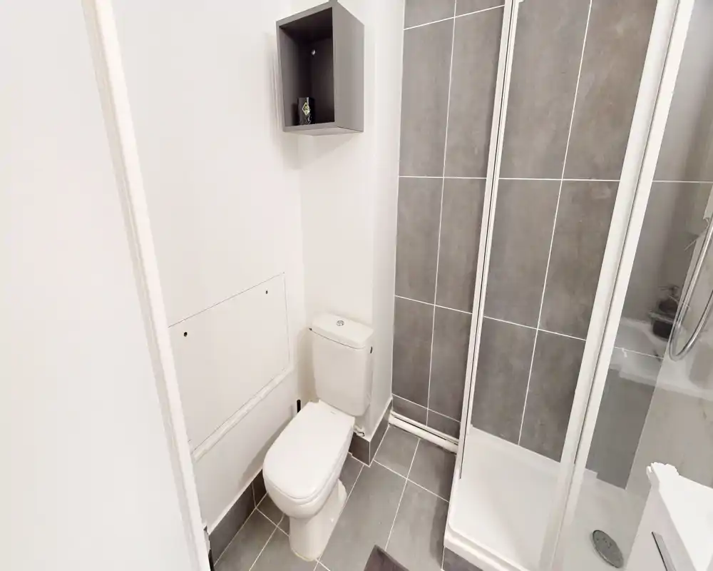 Compact modern bathroom with tiled floor and wall, a toilet and a corner shower cubicle. Clean, bright and efficiently laid out for a small space.