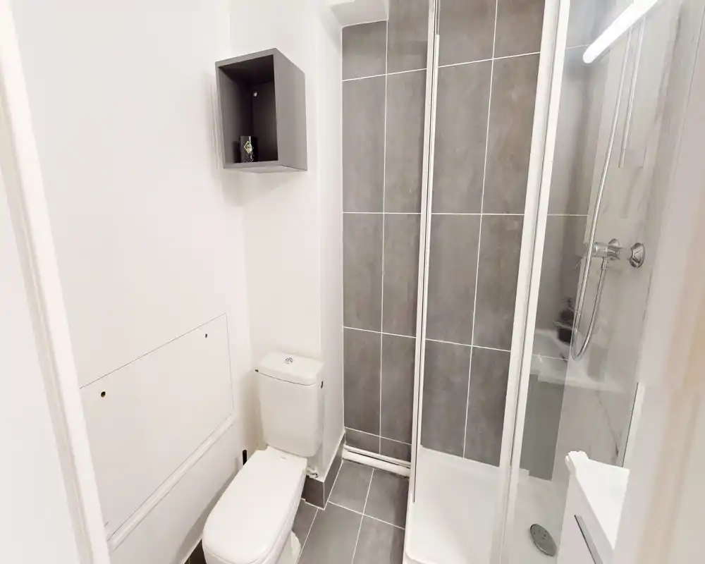 Compact modern bathroom with tiled shower enclosure, toilet and a small sink. Clean white walls and grey floor and wall tiles create a contemporary look.