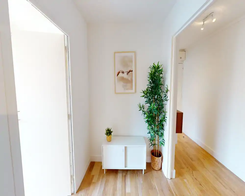 Entrée/vestibule lumineux et minimaliste avec sol en bois clair, une petite console blanche et des plantes en pot pour une atmosphère d'accueil moderne.