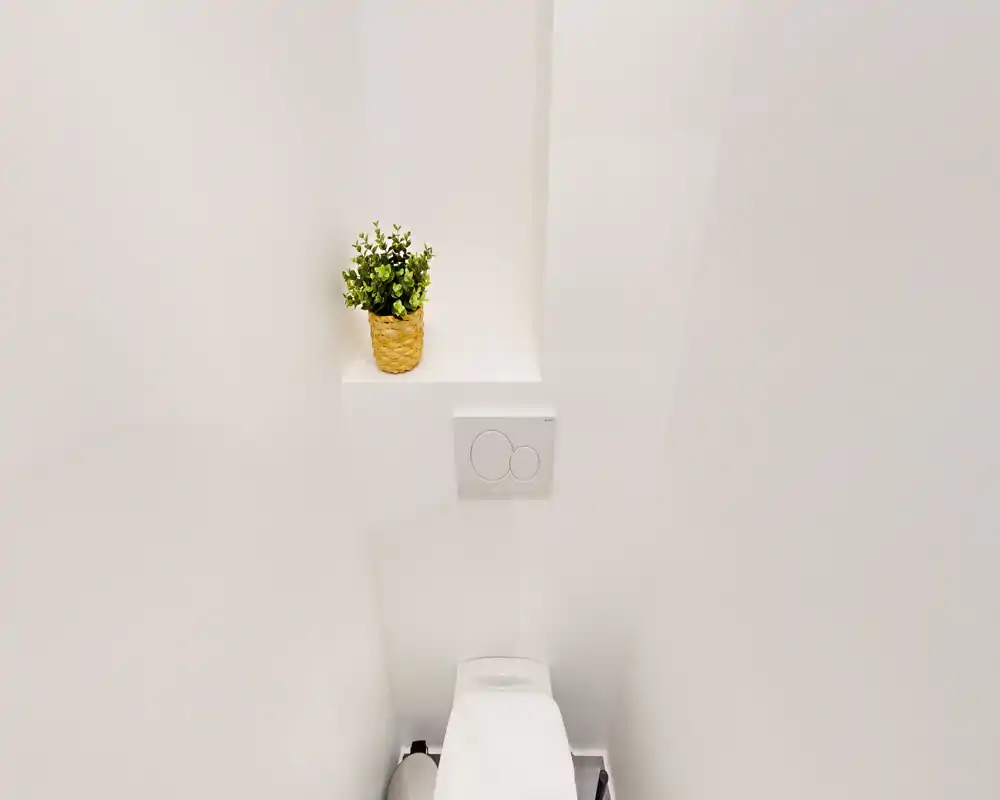 Salle de bains compacte et moderne avec plaque de chasse murale et WC discret; design blanc minimaliste et petite plante décorative dans une niche.