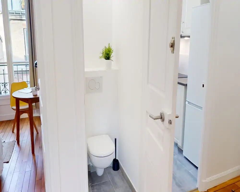 Petite salle de bain moderne avec toilette suspendue, plaque de chasse encastrée et plante décorative; espace lumineux et propre adapté à un petit appartement.