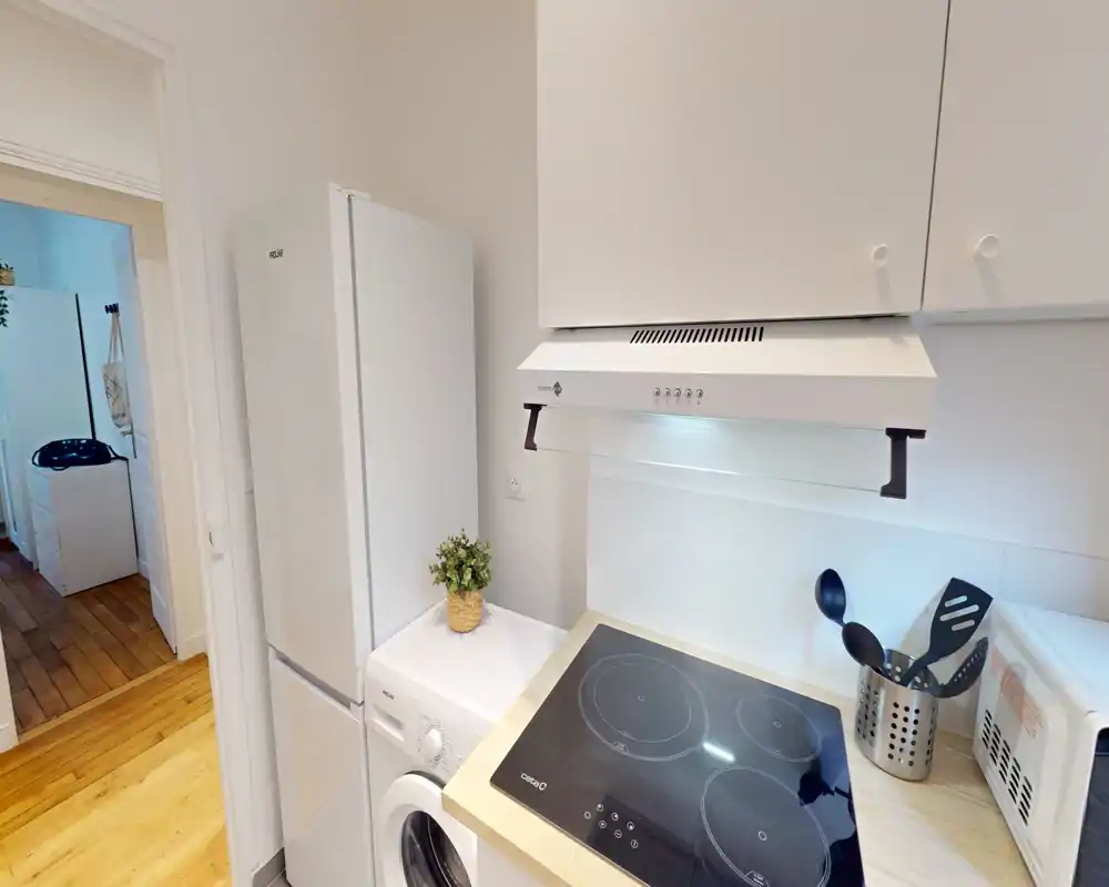 Cuisine moderne et compacte avec plaque à induction, hotte, réfrigérateur et machine à laver empilée ; lumineuse, propre et bien organisée pour un petit appartement.