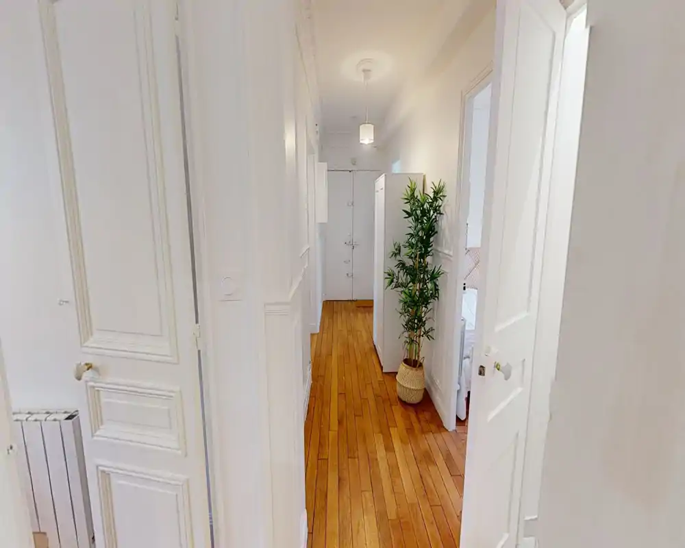 Entrada/pasillo luminoso y estrecho con suelo de madera, paredes y puertas blancas y una planta en maceta que aporta calidez.