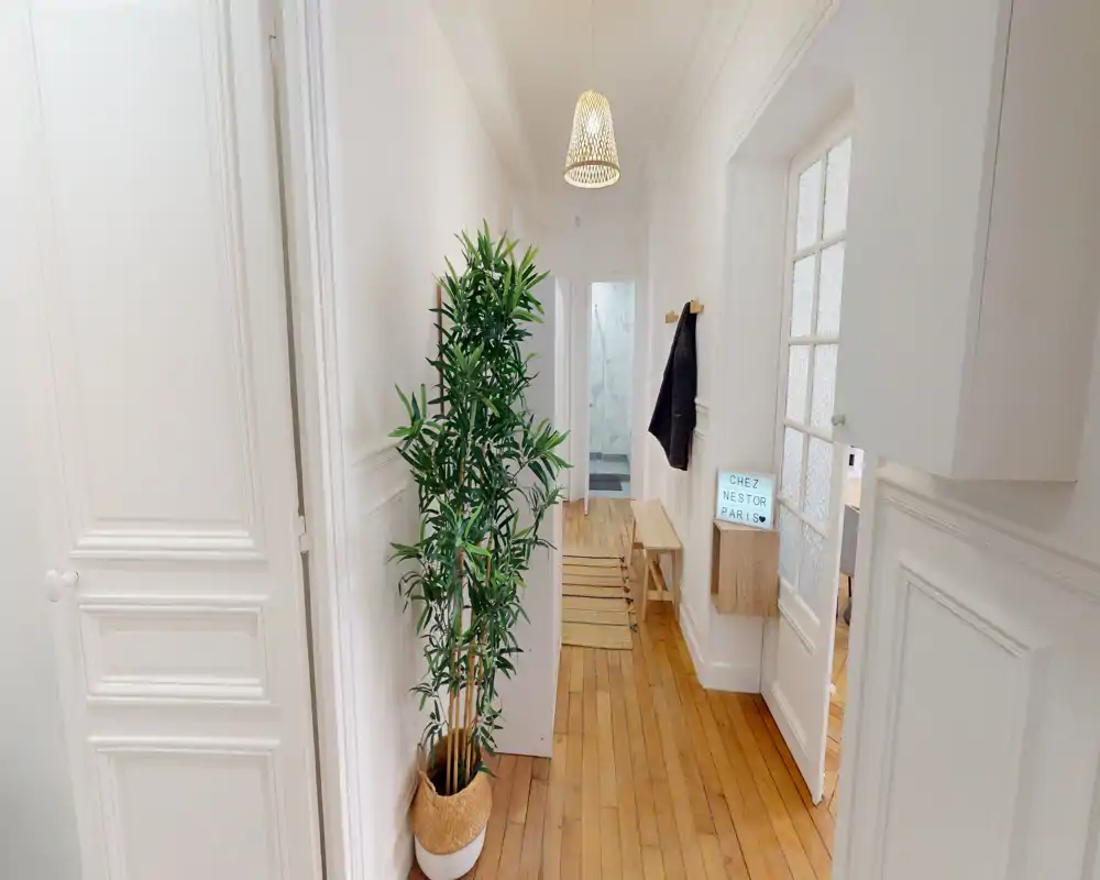 Entrada luminosa y cuidada con suelo de madera, planta en maceta, percheros y un banco: una acogedora entrada de apartamento.