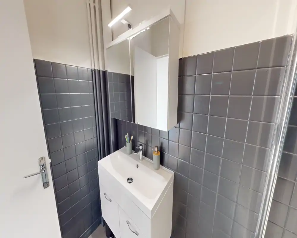 Compact modern bathroom with a white vanity, rectangular sink and mirrored cabinet above. Dark grey wall tiles provide a sleek contrast and a small light fixture sits above the mirror.