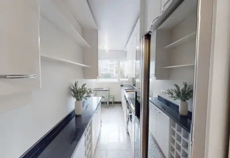 Cuisine en enfilade lumineuse avec plans de travail noirs brillants, rangements blancs et une fenêtre au fond apportant la lumière naturelle. Deux tabourets verts et des plantes décoratives donnent une note fraîche.