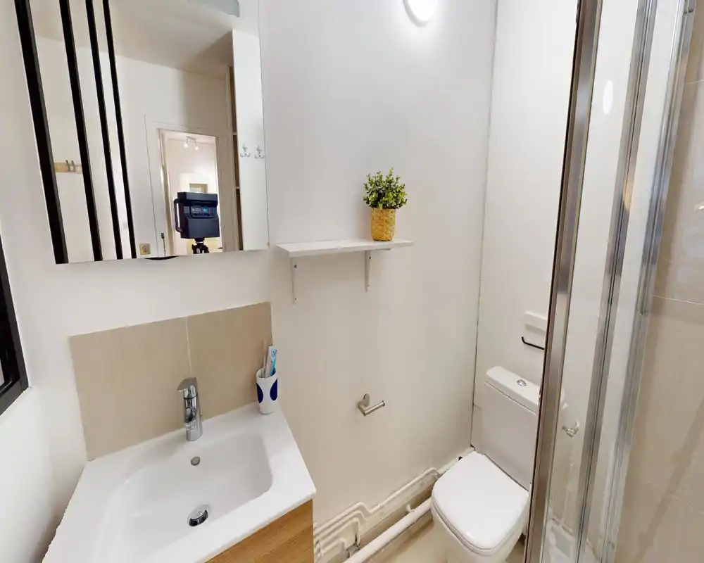 Bagno compatto e moderno con lavabo bianco, WC e box doccia in vetro; mensola e specchio sopra il lavabo offrono spazio pratico.