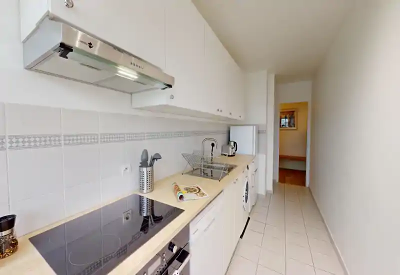 Narrow galley kitchen with modern induction hob, under-cabinet extractor, integrated appliances and light wood countertop. Clean, well-lit space suitable for compact homes or apartments.