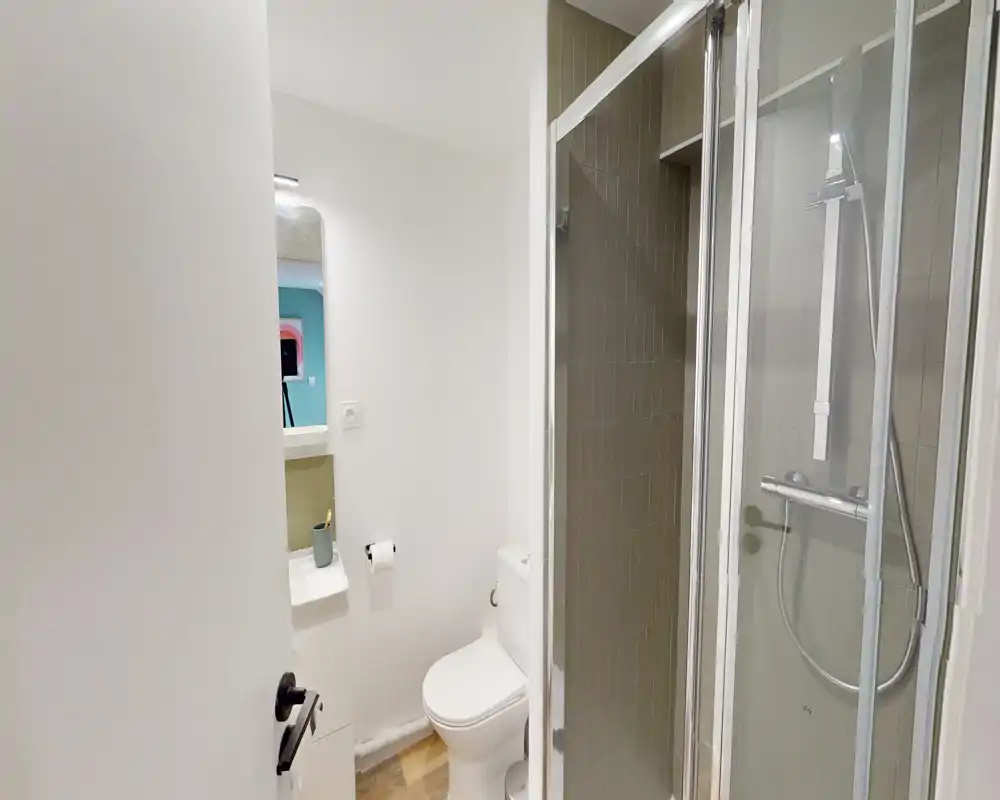 Salle de bains moderne et compacte avec douche vitrée, WC et murs blancs propres ; espace lumineux et bien entretenu, idéal pour courts séjours.