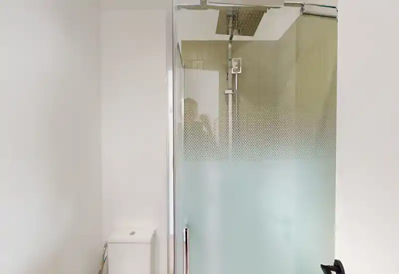 Salle de bains moderne et minimaliste avec douche vitrée et WC compact. Murs blancs et verre dépoli apportent une ambiance lumineuse et contemporaine.