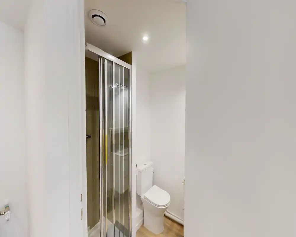 Compact modern bathroom with a corner shower enclosure and a close-coupled toilet, white walls and wood-effect flooring; bright, functional space suitable for a small rental.