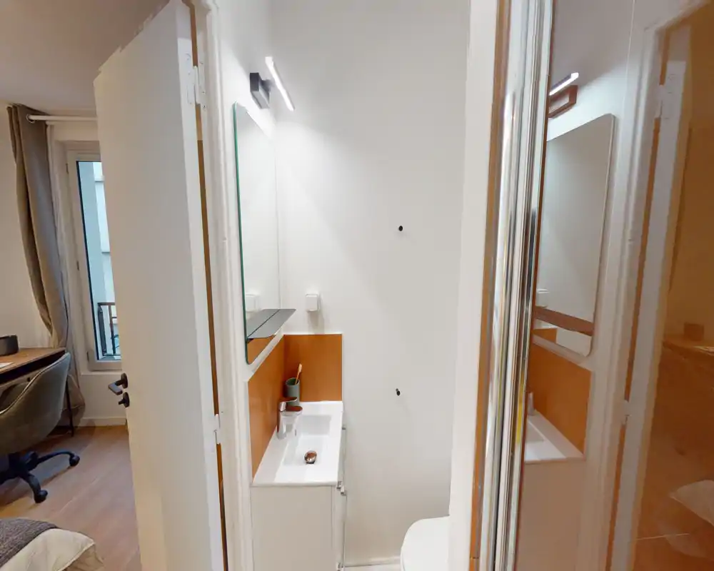 Small bathroom with a compact sink, mirror, and modern lighting; bright, clean and efficiently arranged.