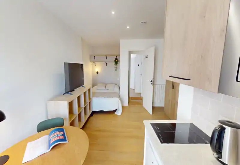 Monolocale compatto con letto matrimoniale, scaffalatura, TV e angolo cottura visibile; arredo moderno e luminoso con pavimento in legno caldo e luce soffusa.
